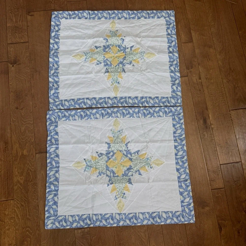 Vintage Pair Quilt Pillow Shams Blue Yellow Patchwork Star Floral Cottage 21x27